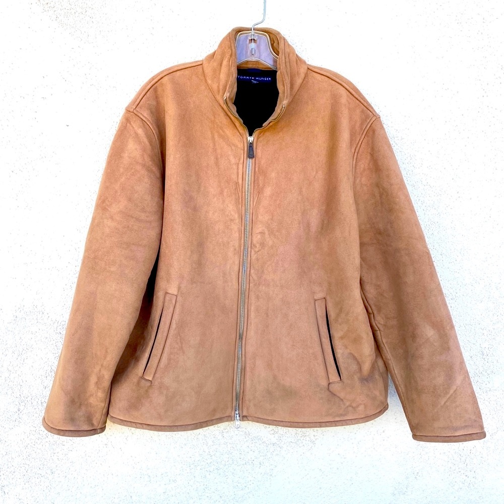 TOMMY HILFIGER coat jacket camel faux fur microsuede lined black men’s zip up